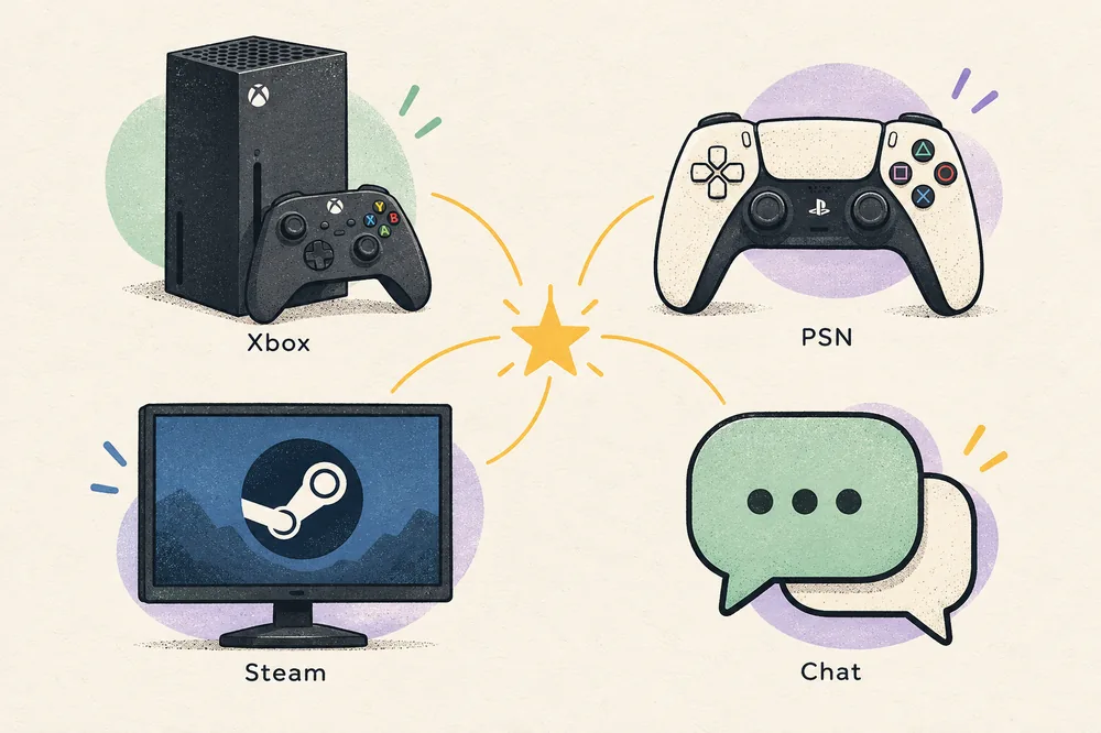 Confronto editoriale tra i contesti dei nomi su Xbox, PSN, Steam e chat